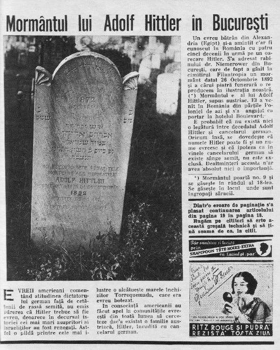 Artículo periodístico en diario rumano sobre la tumba original de Adolf Hittler